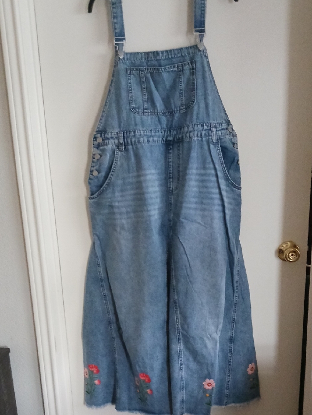 SHEIN Light Blue Denim Overall Skirt with Floral Embroidery